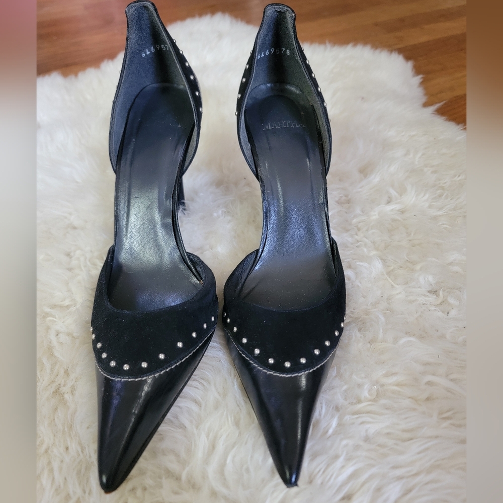 Elegant Black Leather & Suede Studded Women's Heels